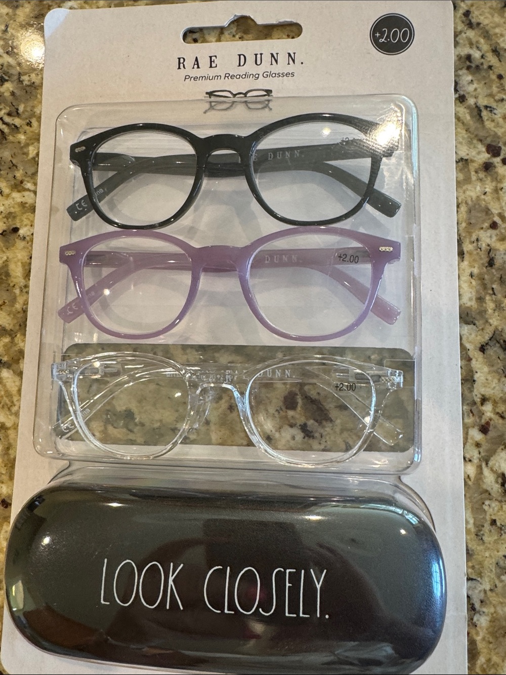 Rae Dunn 3-Pack Reading Glasses Set - Black, Purple, Clear
